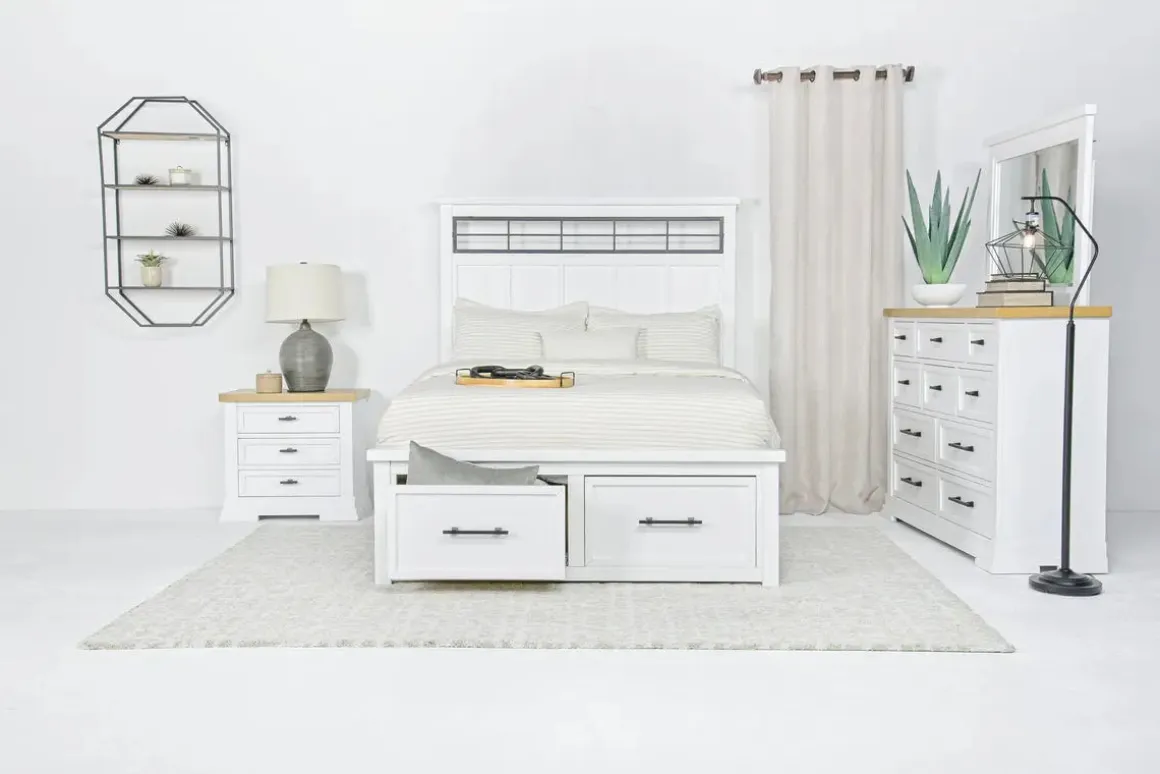 Ashbryn Storage Bed, Dresser, Mirror & Nightstand In White, Queen