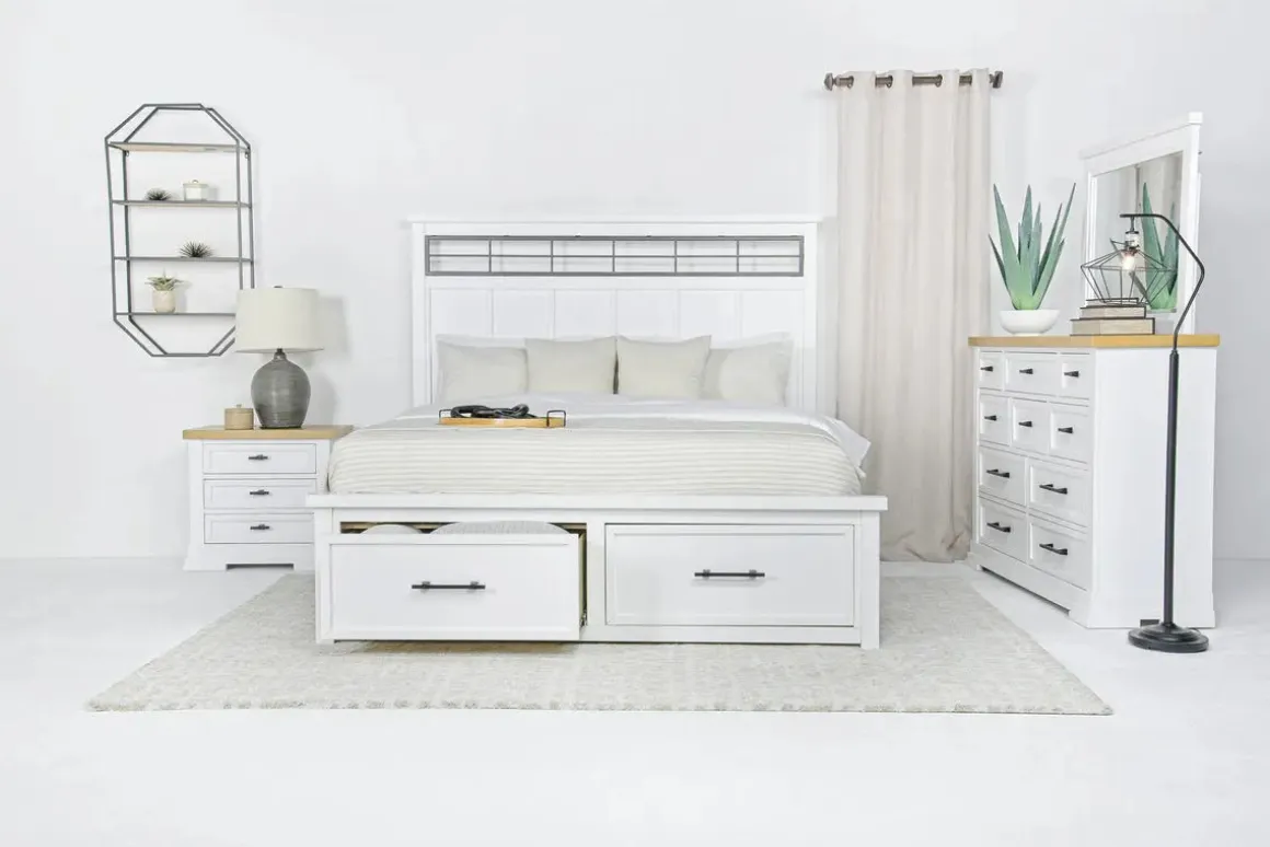 Ashbryn Storage Bed, Dresser, Mirror & Nightstand In White, Queen