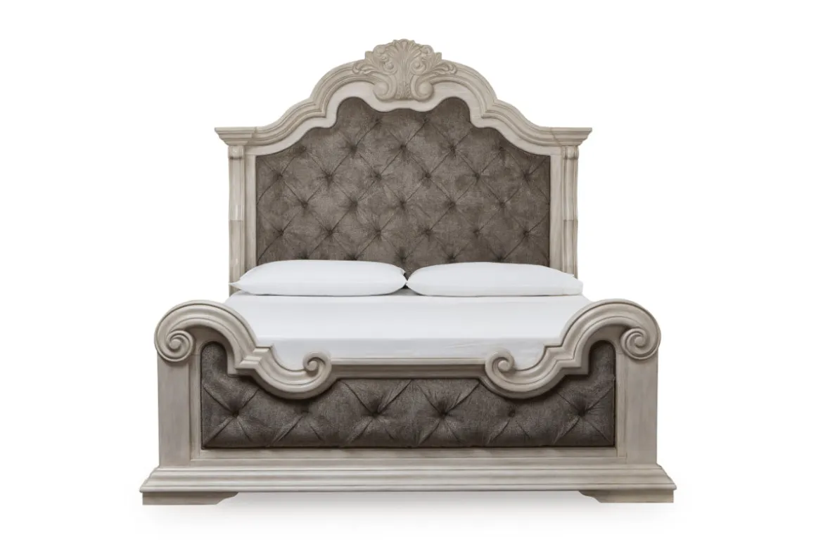 Bruchandi Upholstered Panel Bed, Dresser, Mirror & Nightstand In Antique White, Queen
