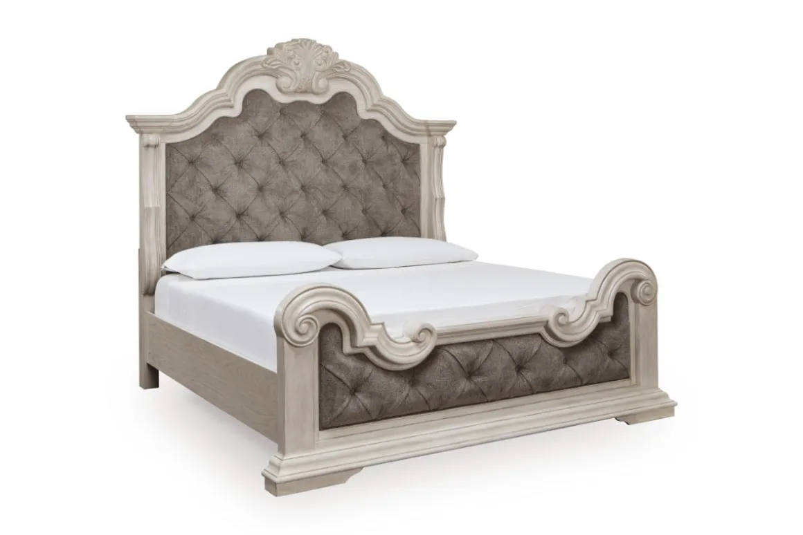Bruchandi Upholstered Panel Bed, Dresser, Mirror & Nightstand In Antique White, Queen