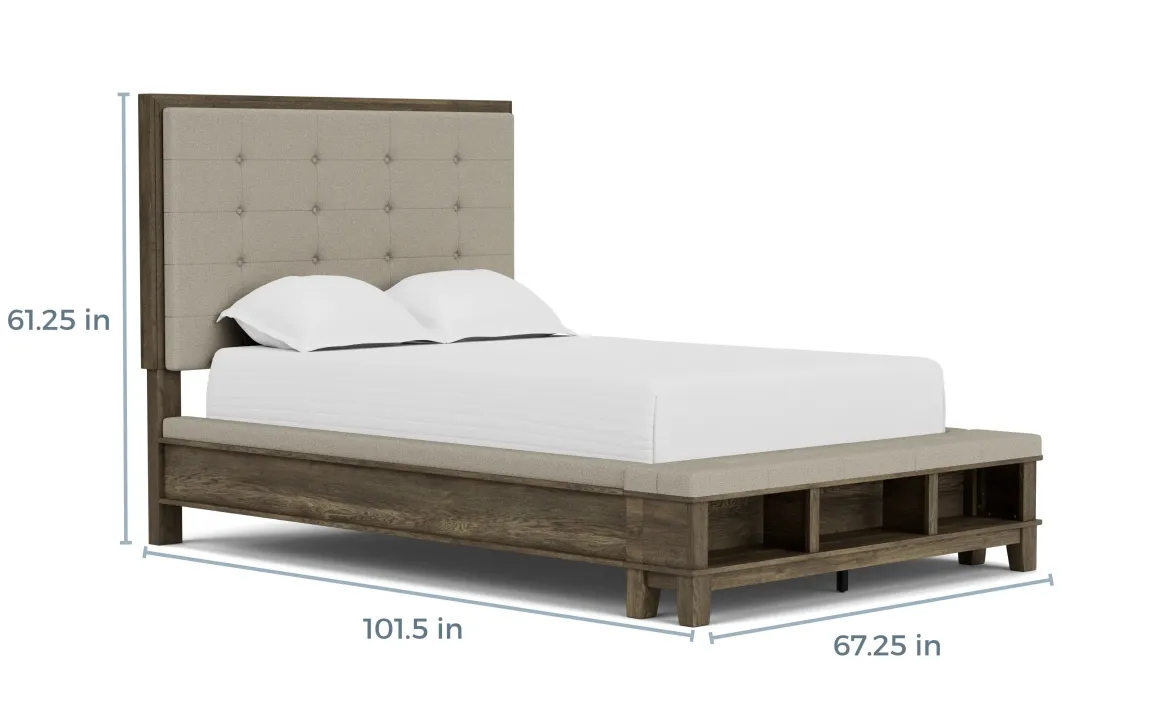 Cagney Upholstered Panel Bed W/ Storage, Dresser, Mirror & Nightstand In Gray, Queen