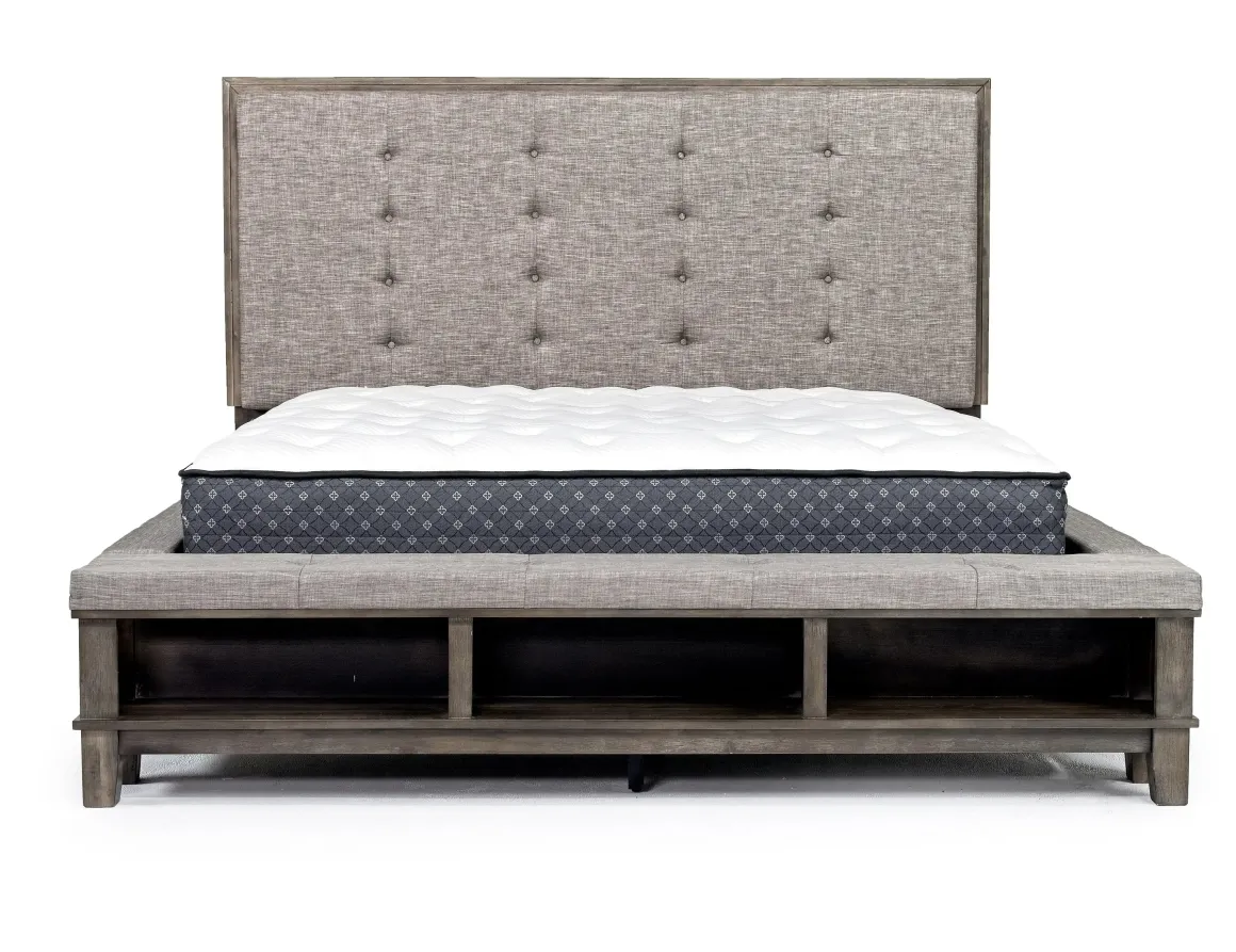 Cagney Upholstered Panel Bed W/ Storage, Dresser, Mirror & Nightstand In Gray, Queen