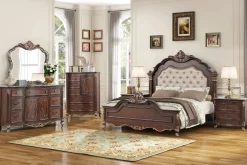 Constantine Upholstered Bed, Dresser, Mirror & Nightstand In Cherry, Queen