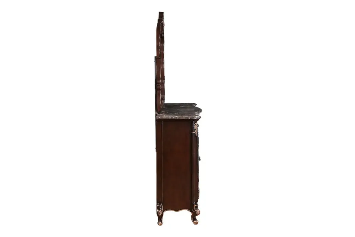 Constantine Upholstered Bed, Dresser, Mirror & Nightstand In Cherry, Queen