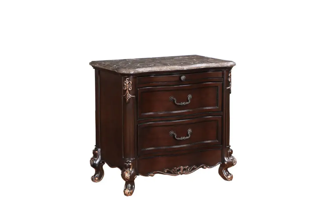 Constantine Upholstered Bed, Dresser, Mirror & Nightstand In Cherry, Queen