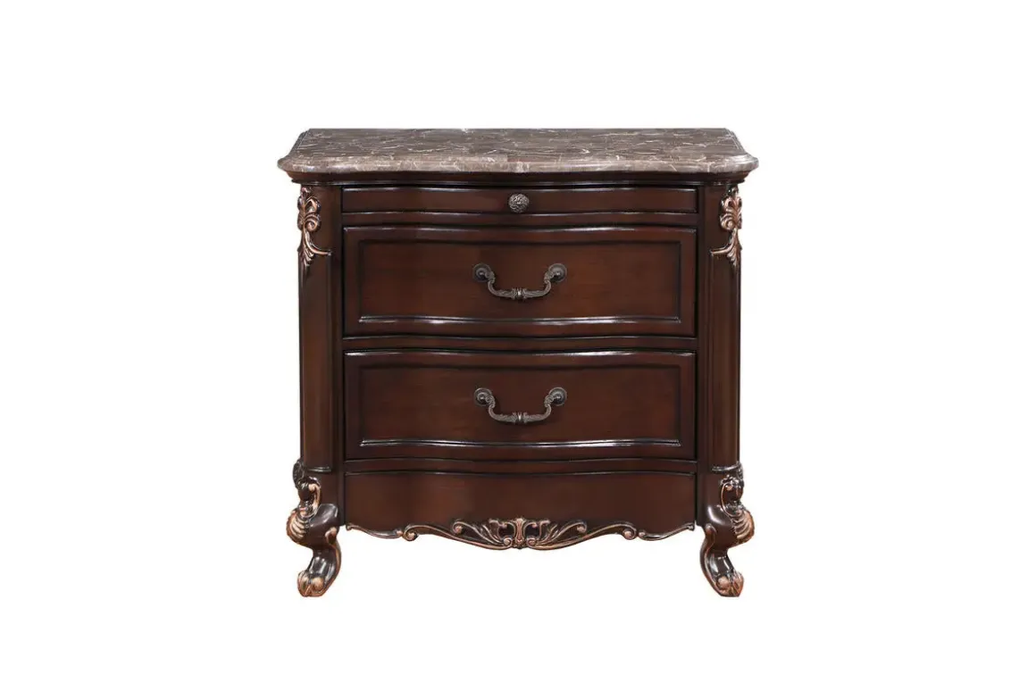 Constantine Upholstered Bed, Dresser, Mirror & Nightstand In Cherry, Queen