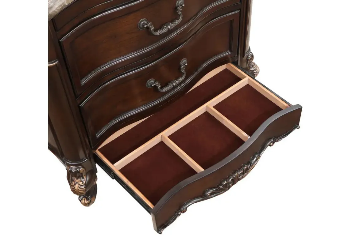 Constantine Upholstered Bed, Dresser, Mirror & Nightstand In Cherry, Queen