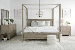 Country Side Canopy Bed, Dresser, Mirror & 2 Drawer Nightstand In Brown, Queen
