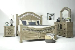 Durango Panel Bed, Dresser, Mirror & 3 Drawer Nightstand In Fawn, Queen