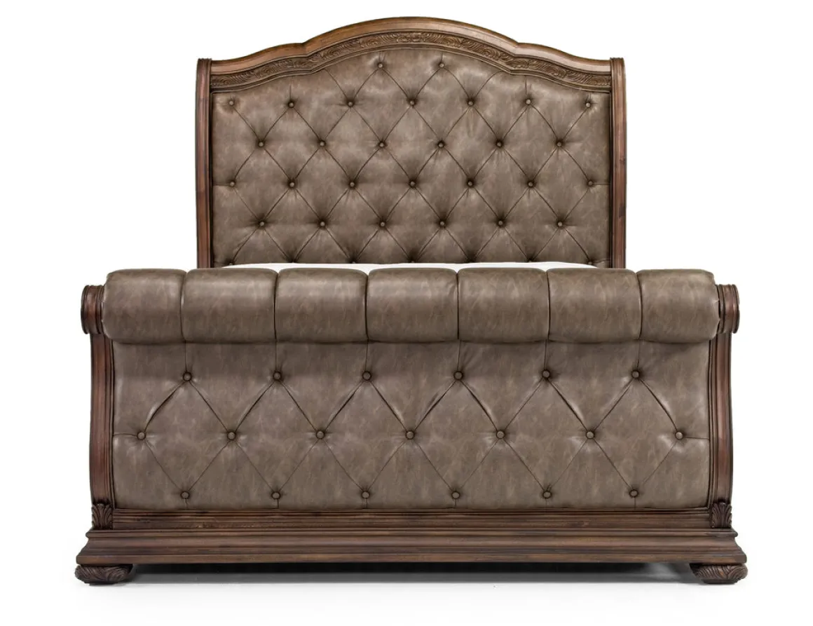 Durango Sleigh Bed, Dresser, Mirror & 3 Drawer Nightstand In Fawn, Queen