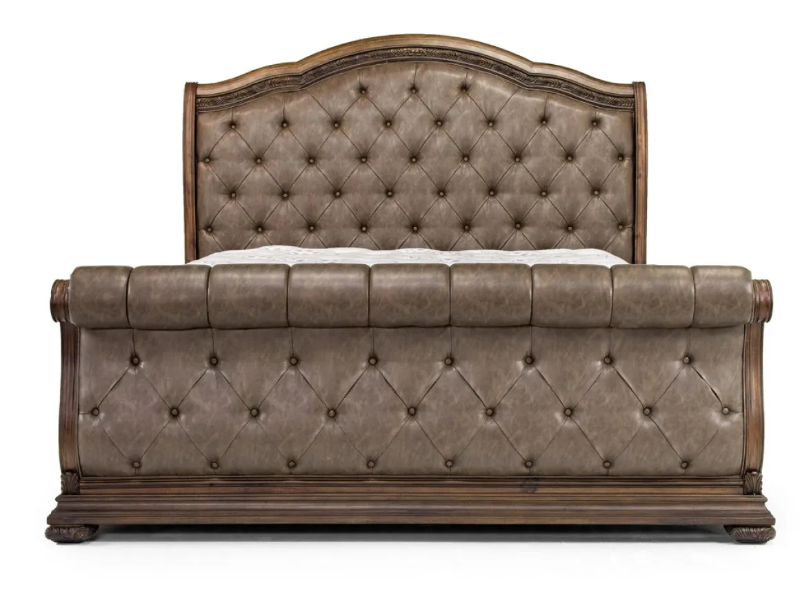 Durango Sleigh Bed, Dresser, Mirror & 3 Drawer Nightstand In Fawn, Queen