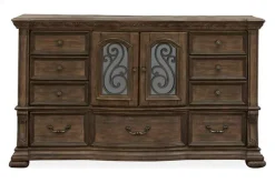Durango Sleigh Bed, Dresser, Mirror & 3 Drawer Nightstand In Fawn, Queen