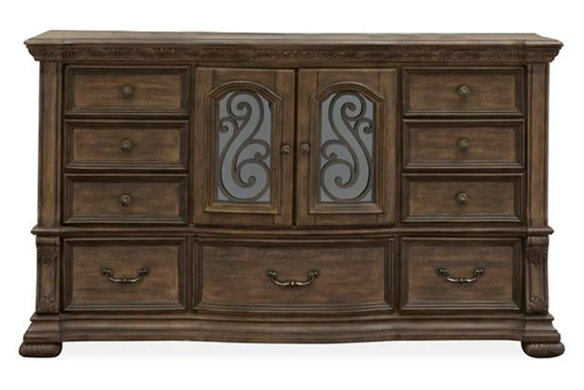 Durango Sleigh Bed, Dresser, Mirror & 3 Drawer Nightstand In Fawn, Queen
