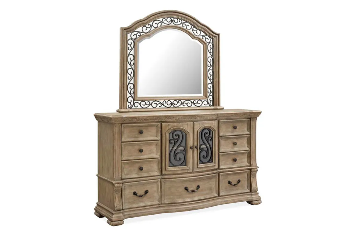 Durango Sleigh Bed, Dresser, Mirror & 3 Drawer Nightstand In Fawn, Queen