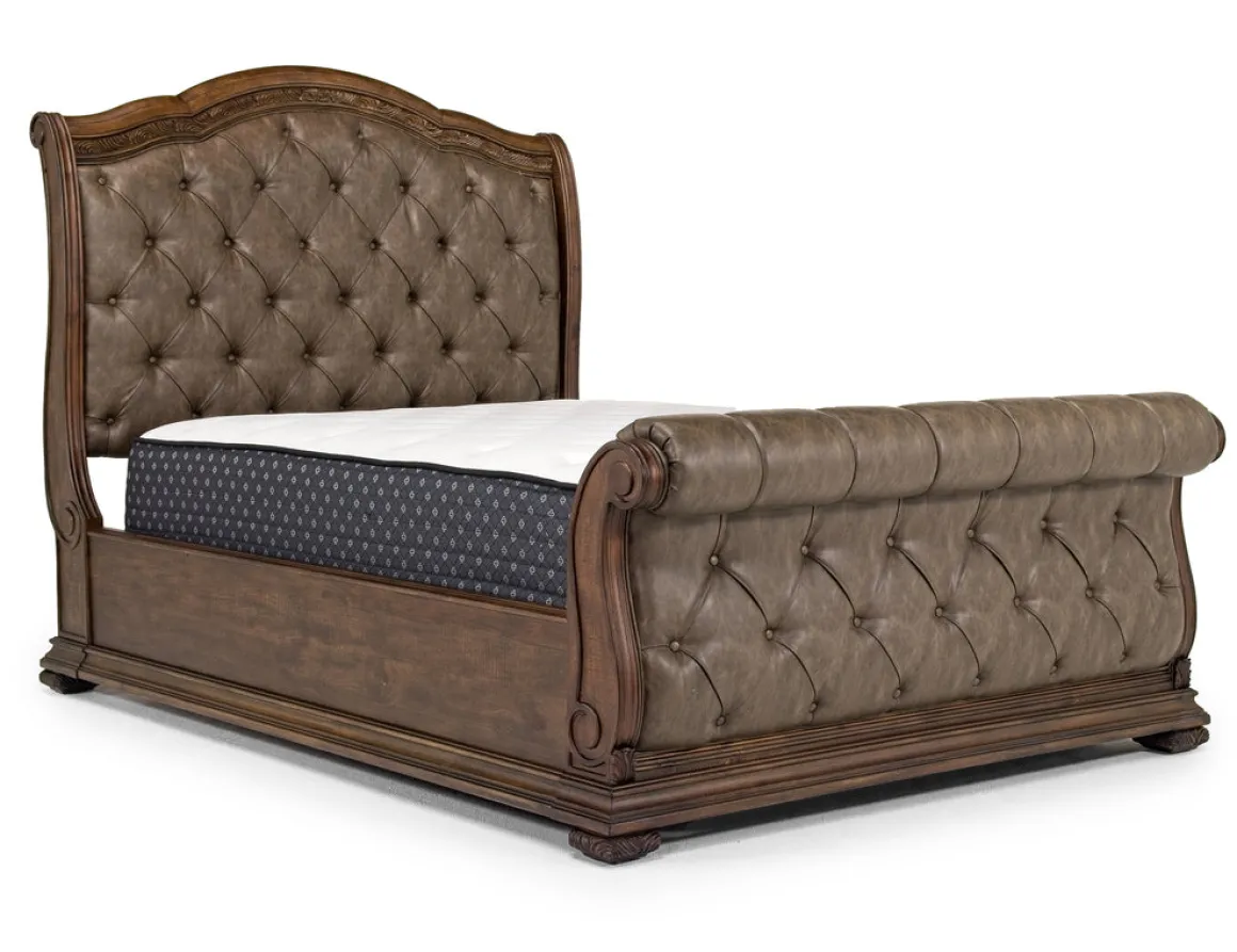 Durango Sleigh Bed, Dresser, Mirror & 3 Drawer Nightstand In Fawn, Queen