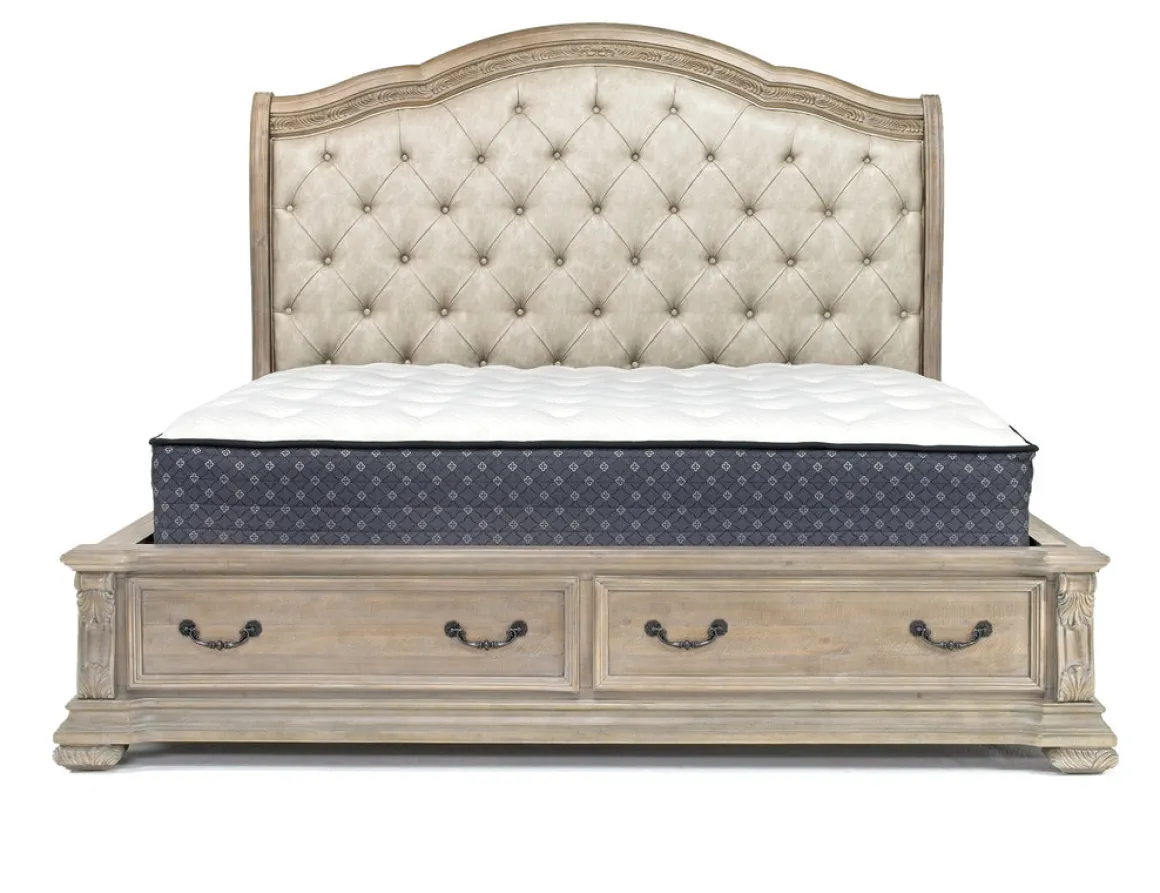 Durango Sleigh Bed W/ Storage, Dresser, Mirror & 3 Drawer Nightstand In Fawn, Queen