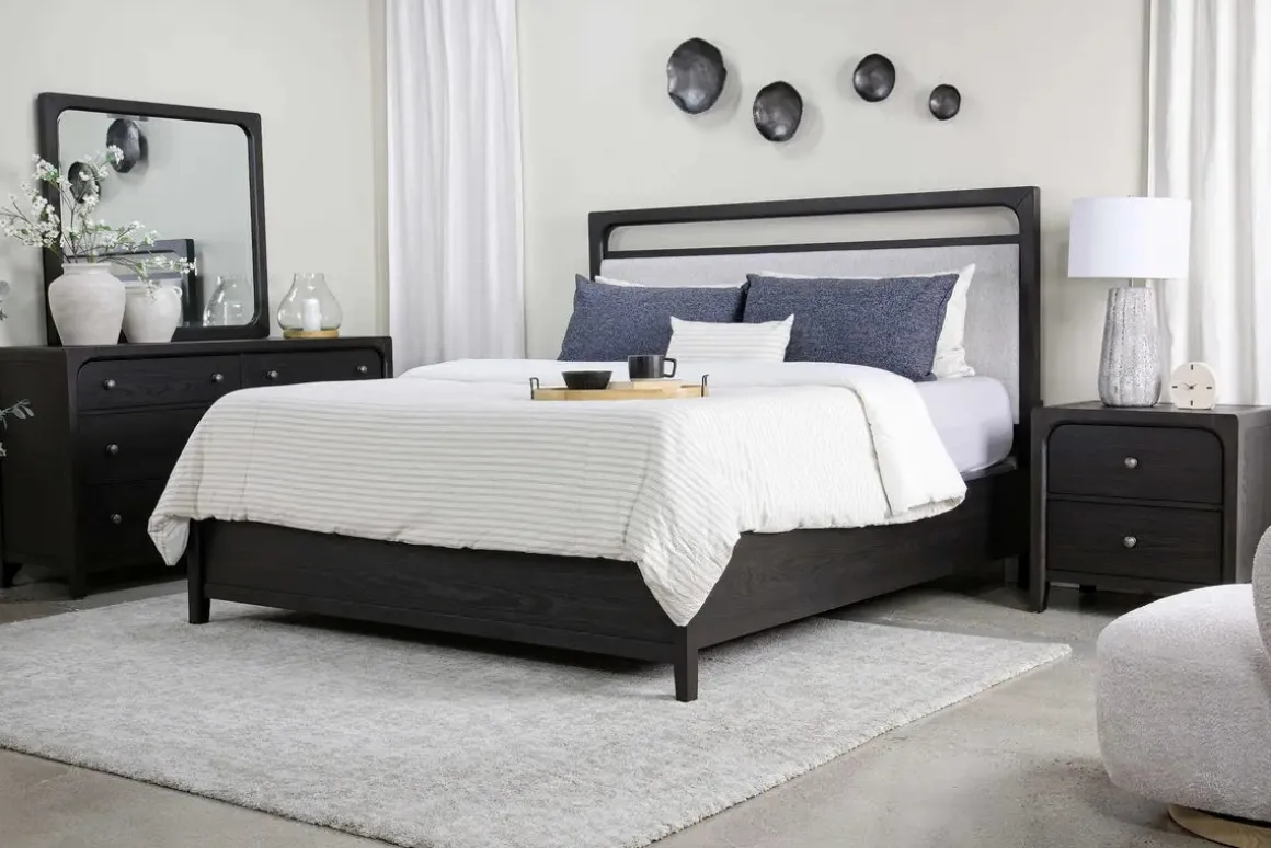 Easton Upholstered Bed, Dresser, Mirror & Nightstand In Natural, Ca King