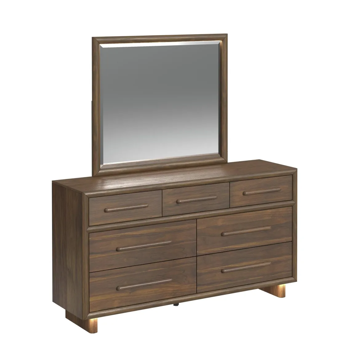 Elm Upholstered Bed W/ Lights, Dresser, Mirror & Nightstand In Brown, Queen