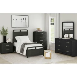 Emberly Panel Bed, Dresser, Mirror & Nightstand In Black, Twin