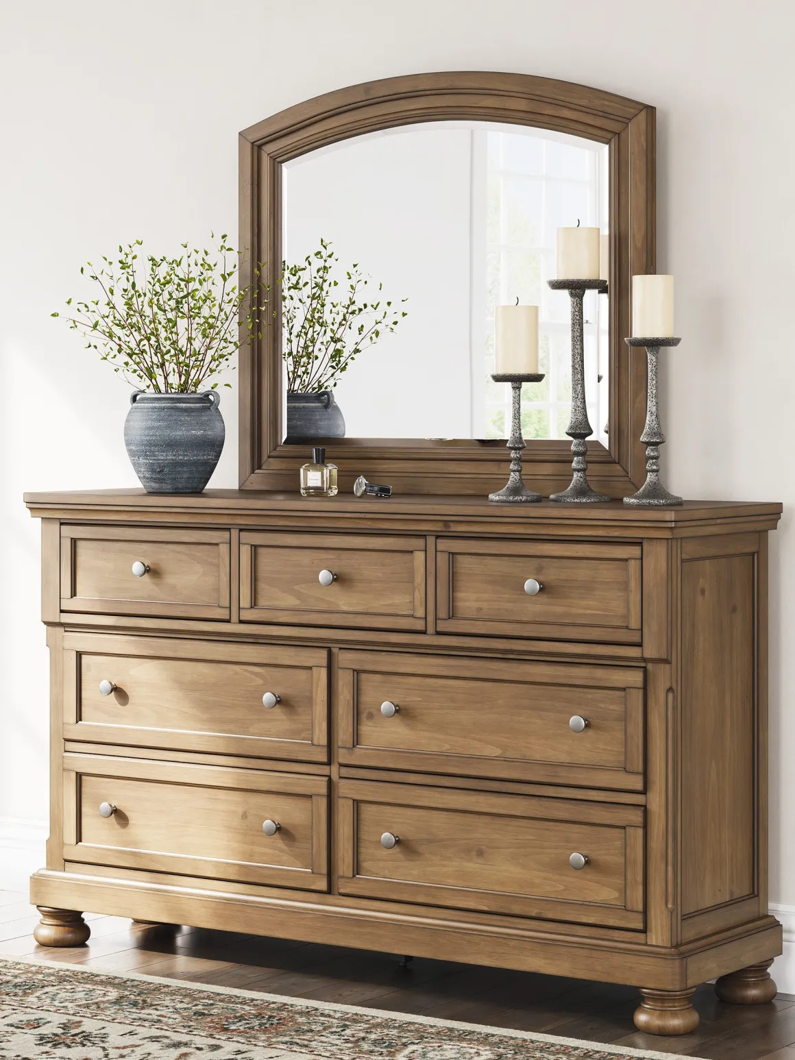 Feddinger Panel Bed, Dresser, Mirror & Nightstand In Medium Brown, Queen