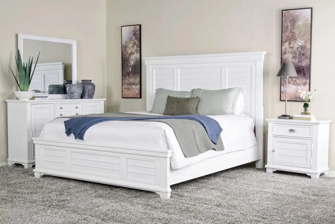 Jamestown Panel Bed, Dresser, Mirror & Nightstand In White, Queen