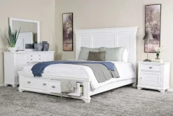 Jamestown Storage Bed, Dresser, Mirror & Nightstand In White, Queen