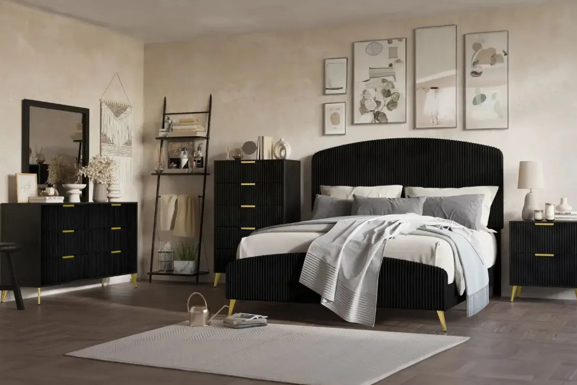 Kailani Upholstered Panel Bed, Dresser, Mirror & Nightstand In Black, Queen