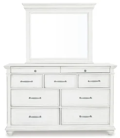Kanwyn Panel Bed W/ Storage, Dresser, Mirror & Nightstand In White Wash, Queen