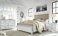 Kanwyn Upholstered Panel Bed, Dresser, Mirror & Nightstand In White Wash, Queen
