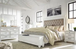Kanwyn Upholstered Panel Bed W/ Storage, Dresser, Mirror & Nightstand In White Wash, Queen