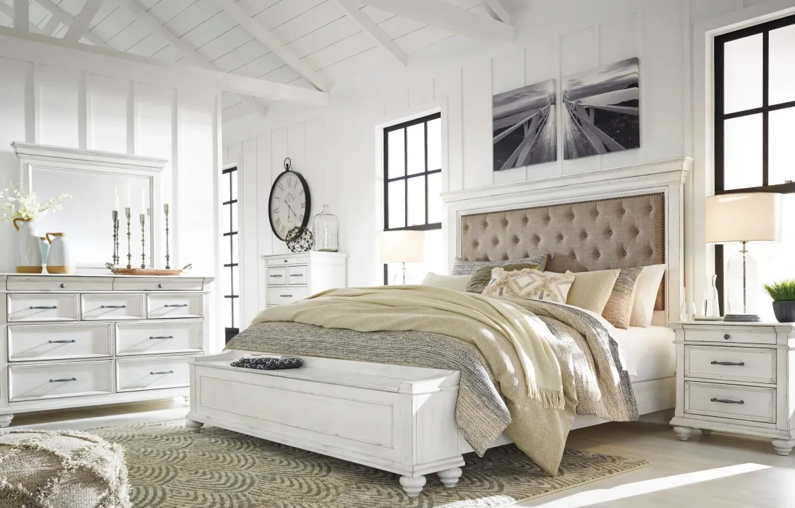 Kanwyn Upholstered Panel Bed W/ Storage, Dresser, Mirror & Nightstand In White Wash, Queen