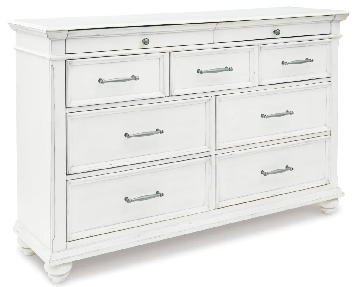 Kanwyn Upholstered Panel Bed W/ Storage, Dresser, Mirror & Nightstand In White Wash, Queen