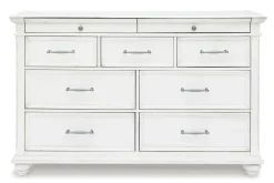 Kanwyn Upholstered Panel Bed W/ Storage, Dresser, Mirror & Nightstand In White Wash, Queen