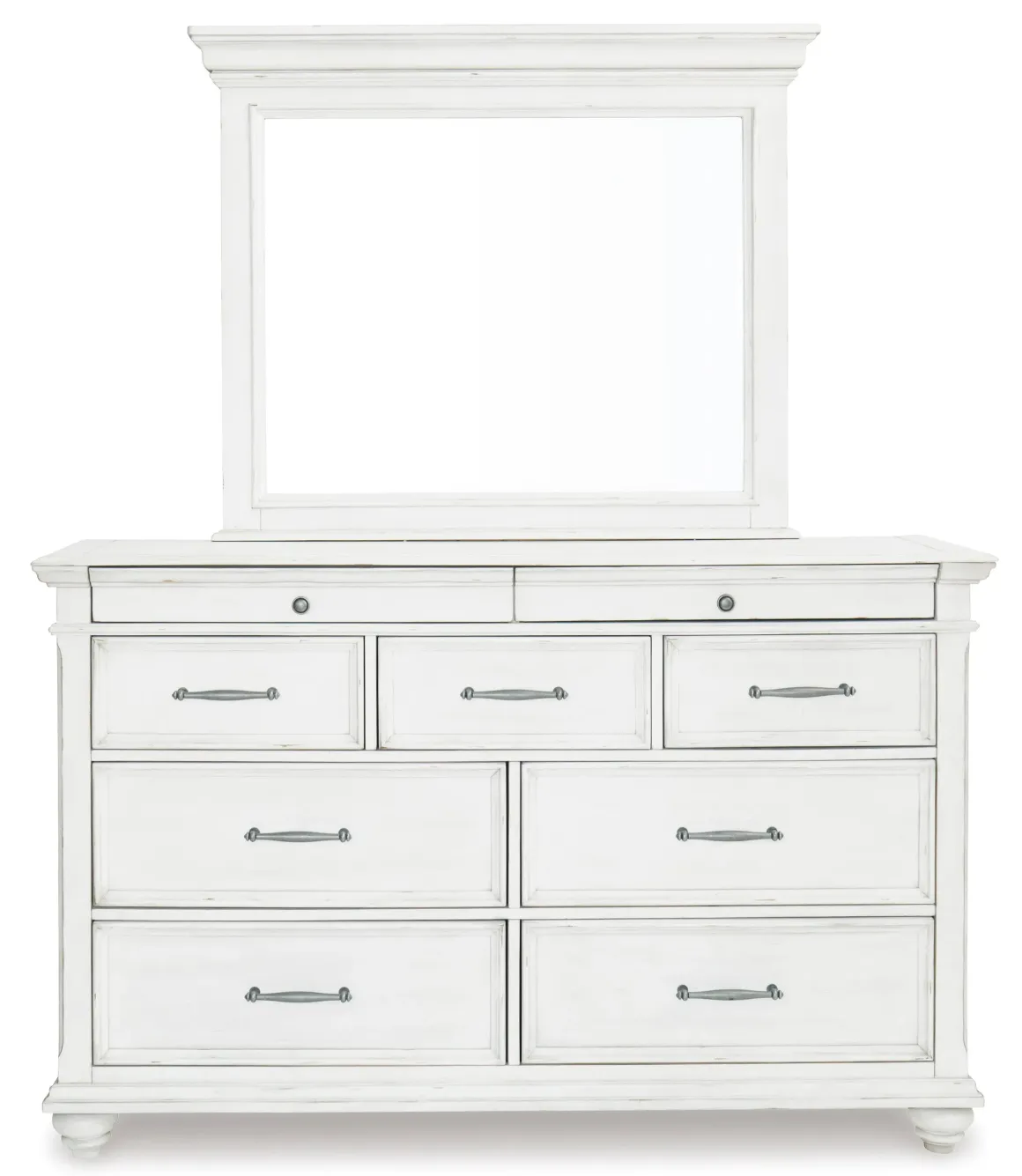 Kanwyn Upholstered Panel Bed W/ Storage, Dresser, Mirror & Nightstand In White Wash, Queen