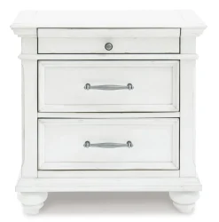 Kanwyn Upholstered Panel Bed W/ Storage, Dresser, Mirror & Nightstand In White Wash, Queen