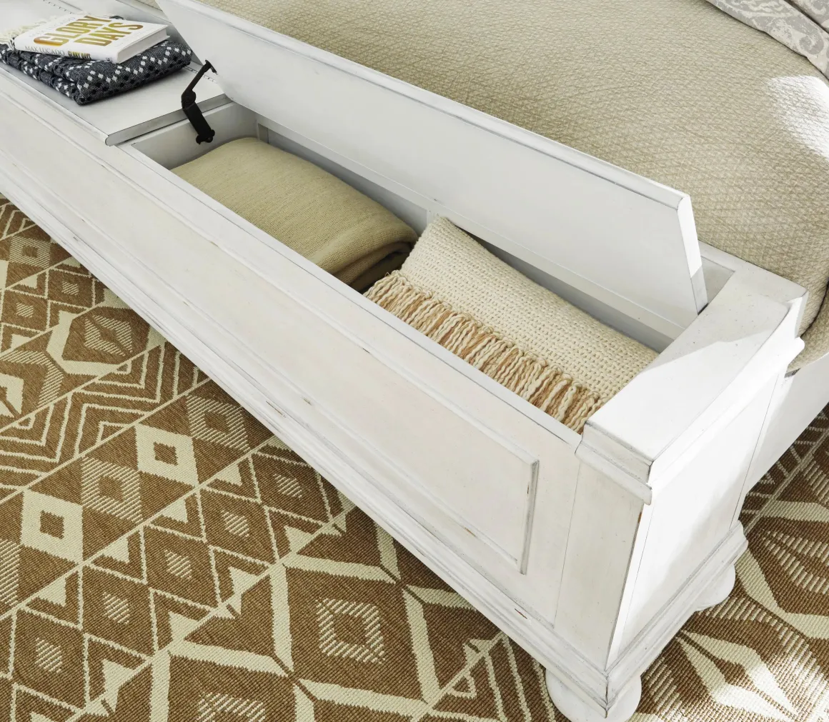 Kanwyn Upholstered Panel Bed W/ Storage, Dresser, Mirror & Nightstand In White Wash, Queen