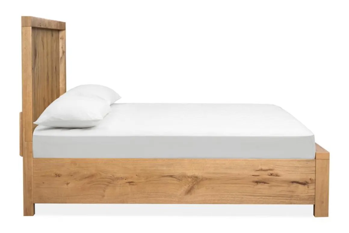 Laramie Panel Bed W/ Storage, Dresser, Mirror & 2 Drawer Nightstand In Honey Wheat, Queen