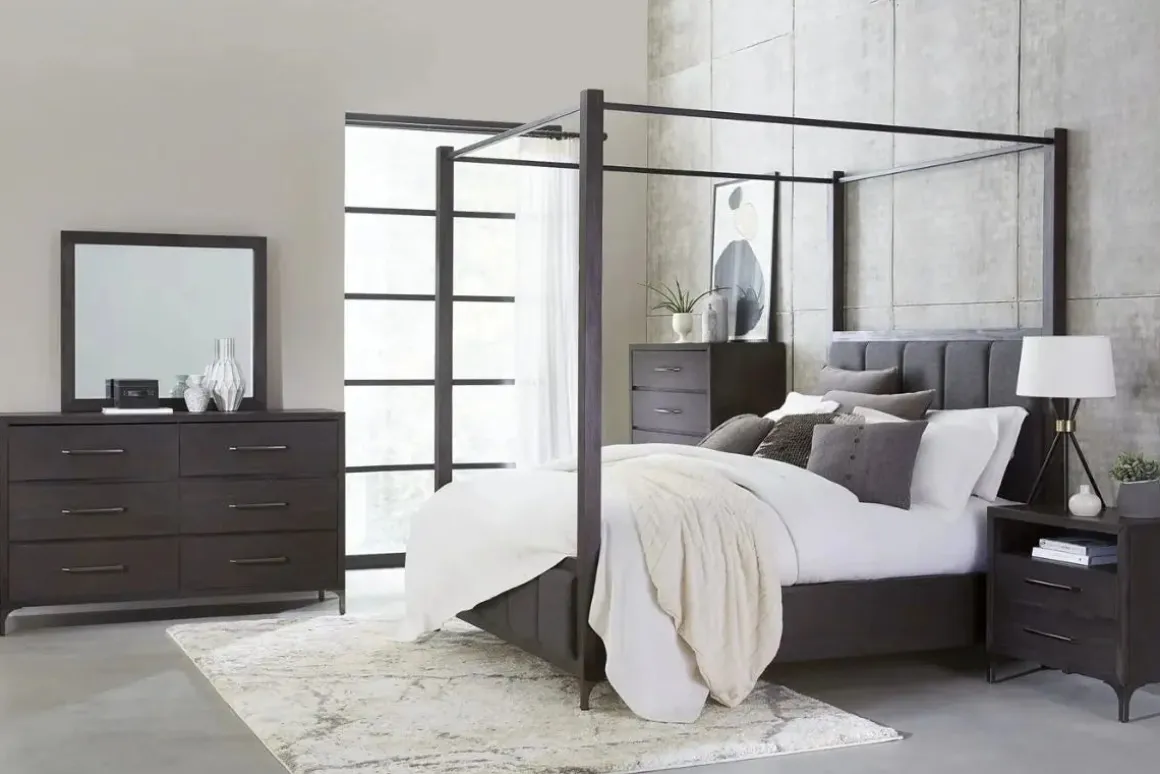 Lucerne Upholstered Canopy Bed In Vintage Coffee, Queen