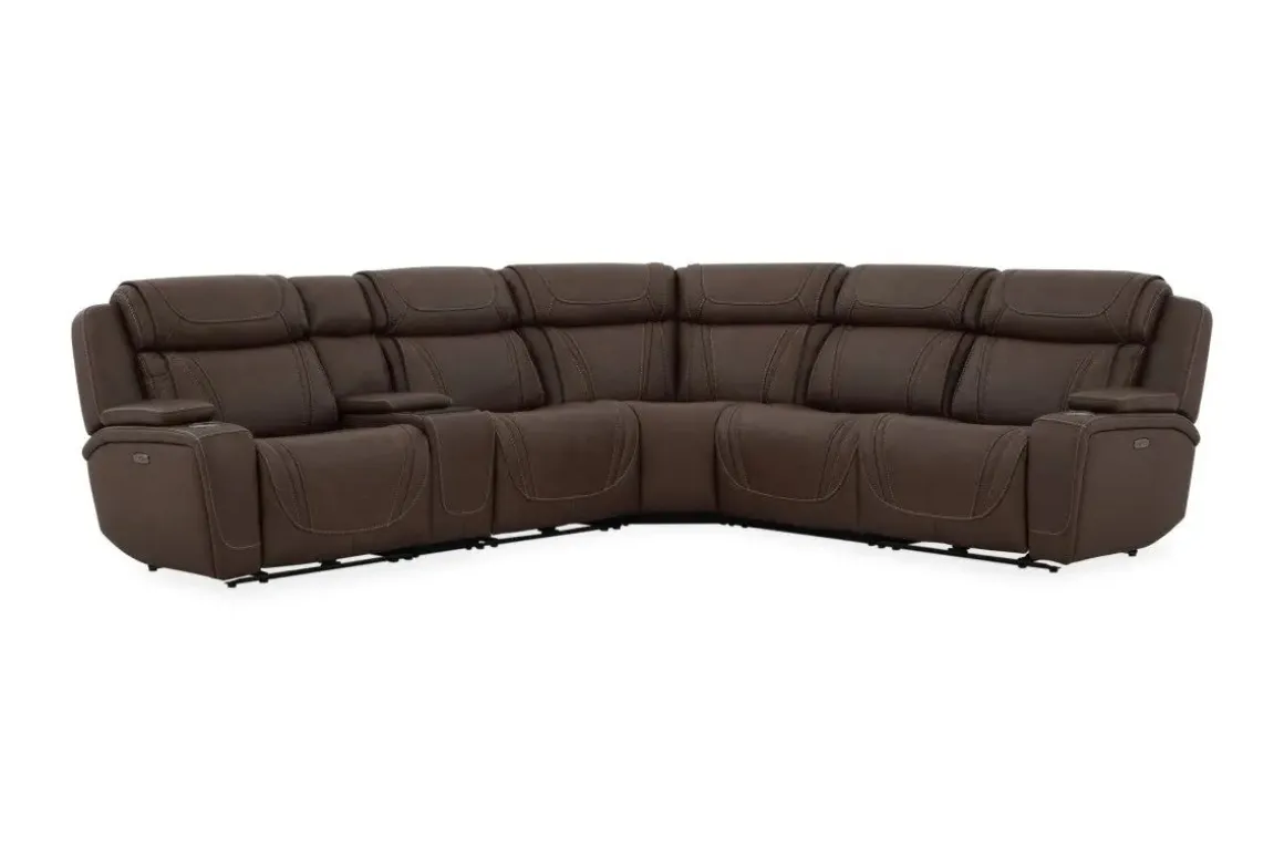 Max 6 Piece 2 Power Sectional W/ 2 Power Armless Recliner In Aline Timber Leather