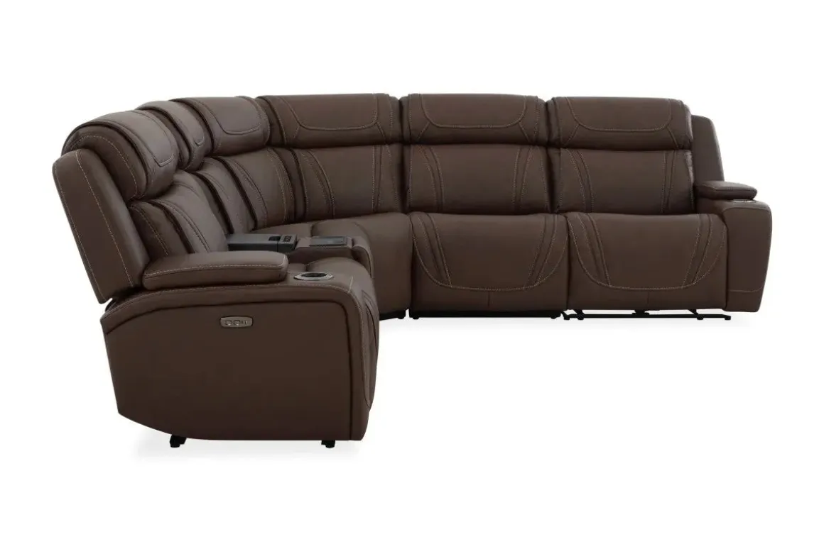 Max 6 Piece 2 Power Sectional W/ 2 Power Armless Recliner In Aline Timber Leather