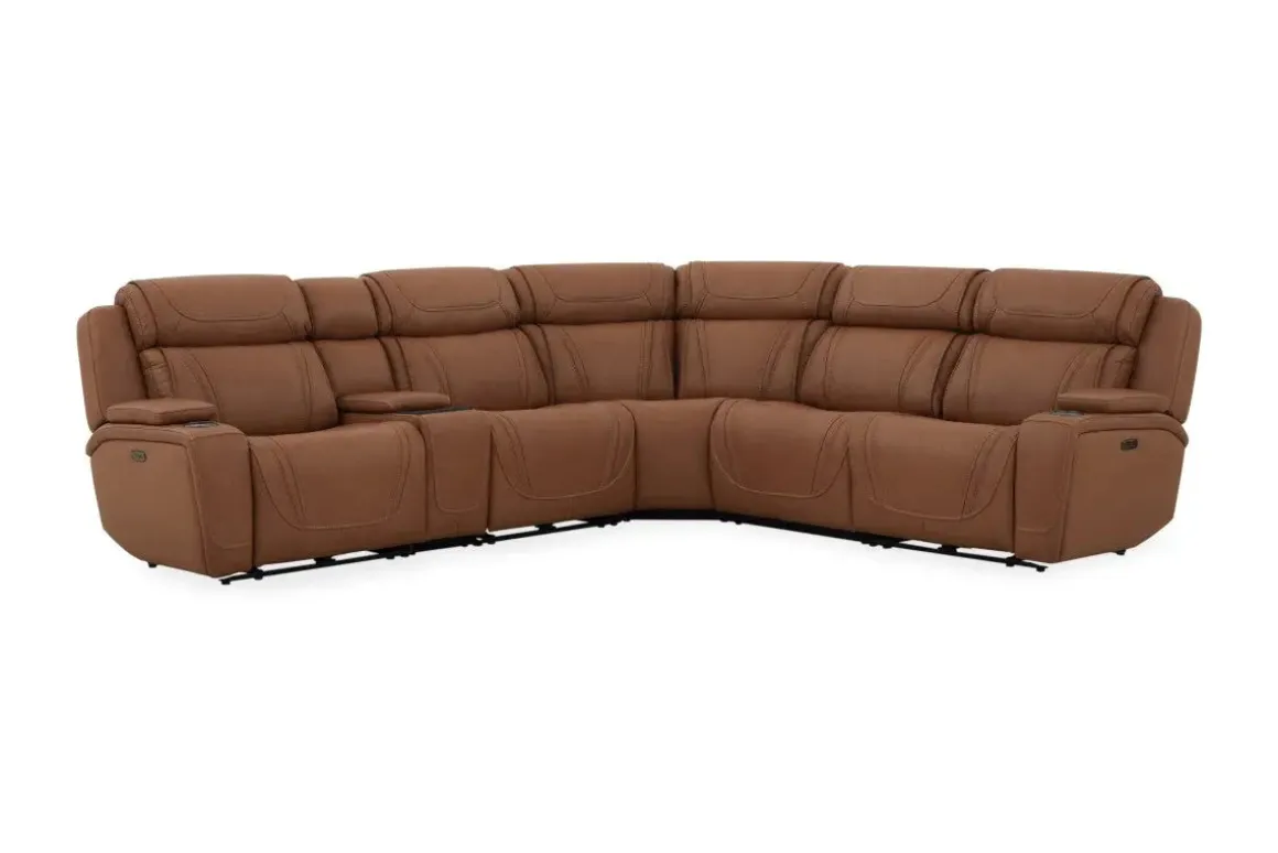 Max 6 Piece 2 Power Sectional W/ 2 Power Armless Recliner In Aline Timber Leather