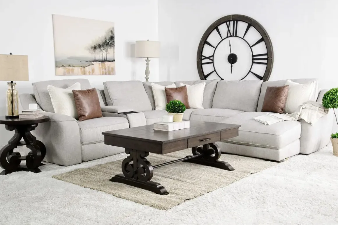 Mayflower 6 Piece 2 Power Chaise Sectional W/ 2 Power Armless Recliner & Audio Console In Ashland Sand, Left Facing