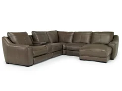 Mayflower 6 Piece 2 Power Chaise Sectional W/ 2 Power Armless Recliner & Audio Console In Seville Umber Leather, Left Facing