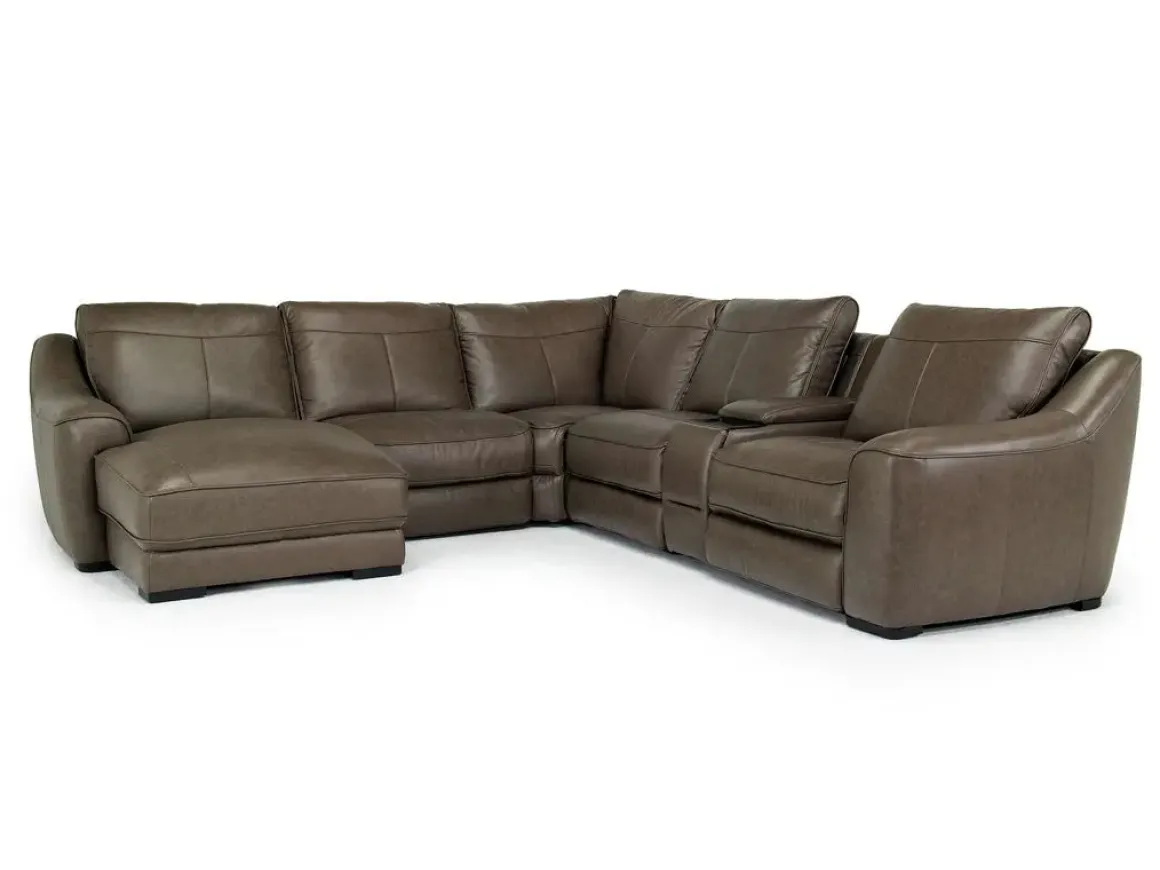 Mayflower 6 Piece 2 Power Chaise Sectional W/ Audio Console In Seville Umber Leather, Left Facing