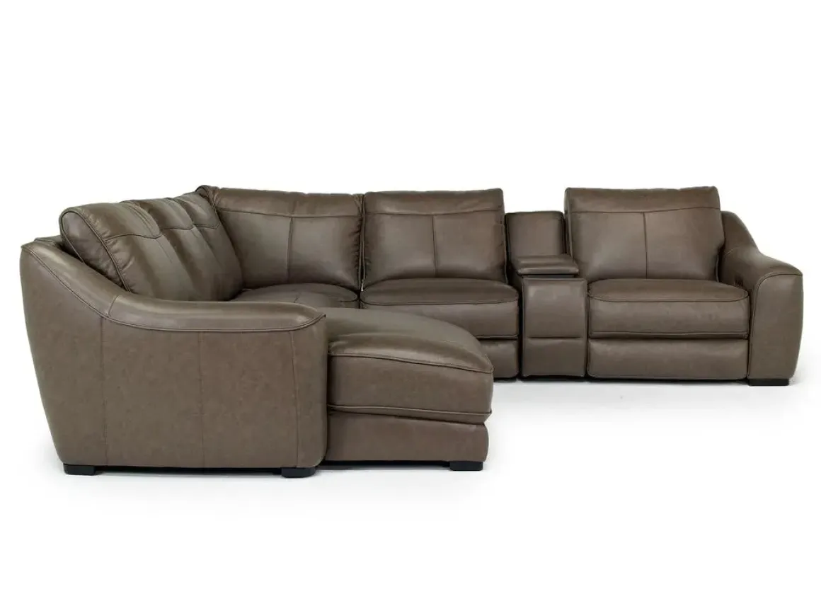 Mayflower 6 Piece 2 Power Chaise Sectional W/ Audio Console In Seville Umber Leather, Left Facing