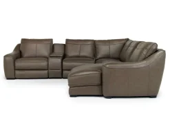 Mayflower 6 Piece 2 Power Chaise Sectional W/ Audio Console In Seville Umber Leather, Left Facing
