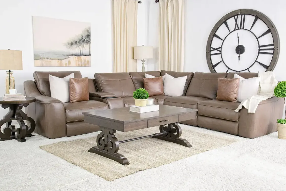 Mayflower 6 Piece 2 Power Sectional W/ 2 Power Armless Recliner & Audio Console In Seville Umber Leather