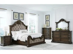 Maylee Upholstered Panel Bed, Dresser, Mirror & Nightstand In Dark Brown, Queen