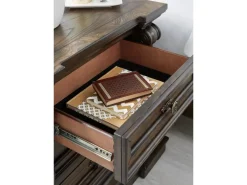 Maylee Upholstered Panel Bed, Dresser, Mirror & Nightstand In Dark Brown, Queen