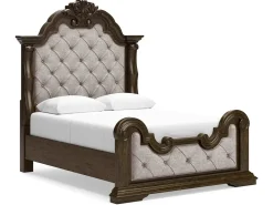Maylee Upholstered Panel Bed, Dresser, Mirror & Nightstand In Dark Brown, Queen